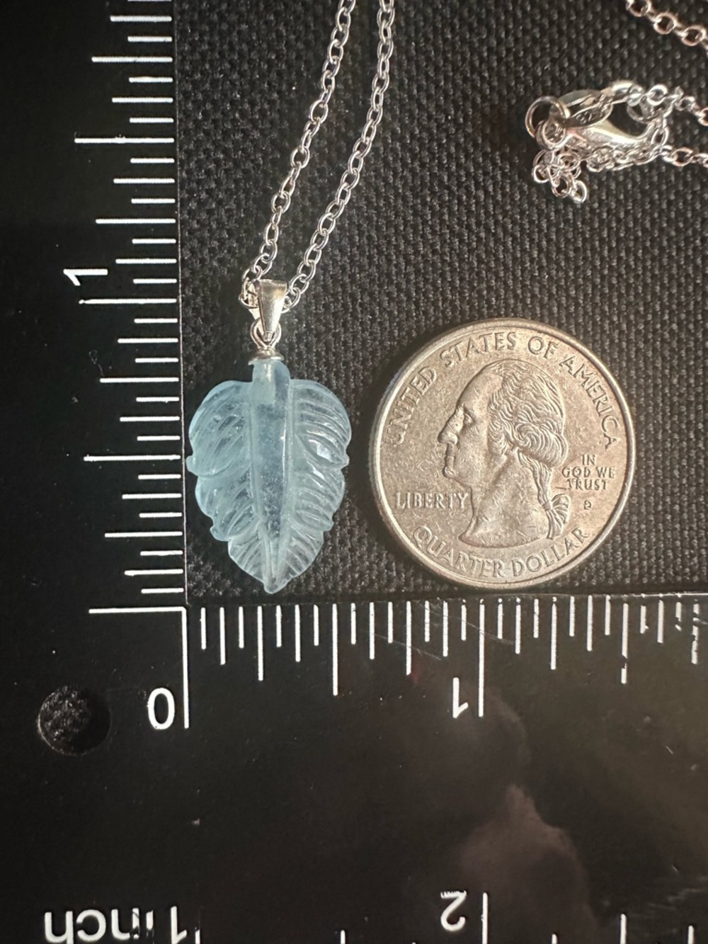 Small Aquamarine Leaf Pendant on Sterling Silver Bail and Silver Plated Chain - Picture 15 of 15